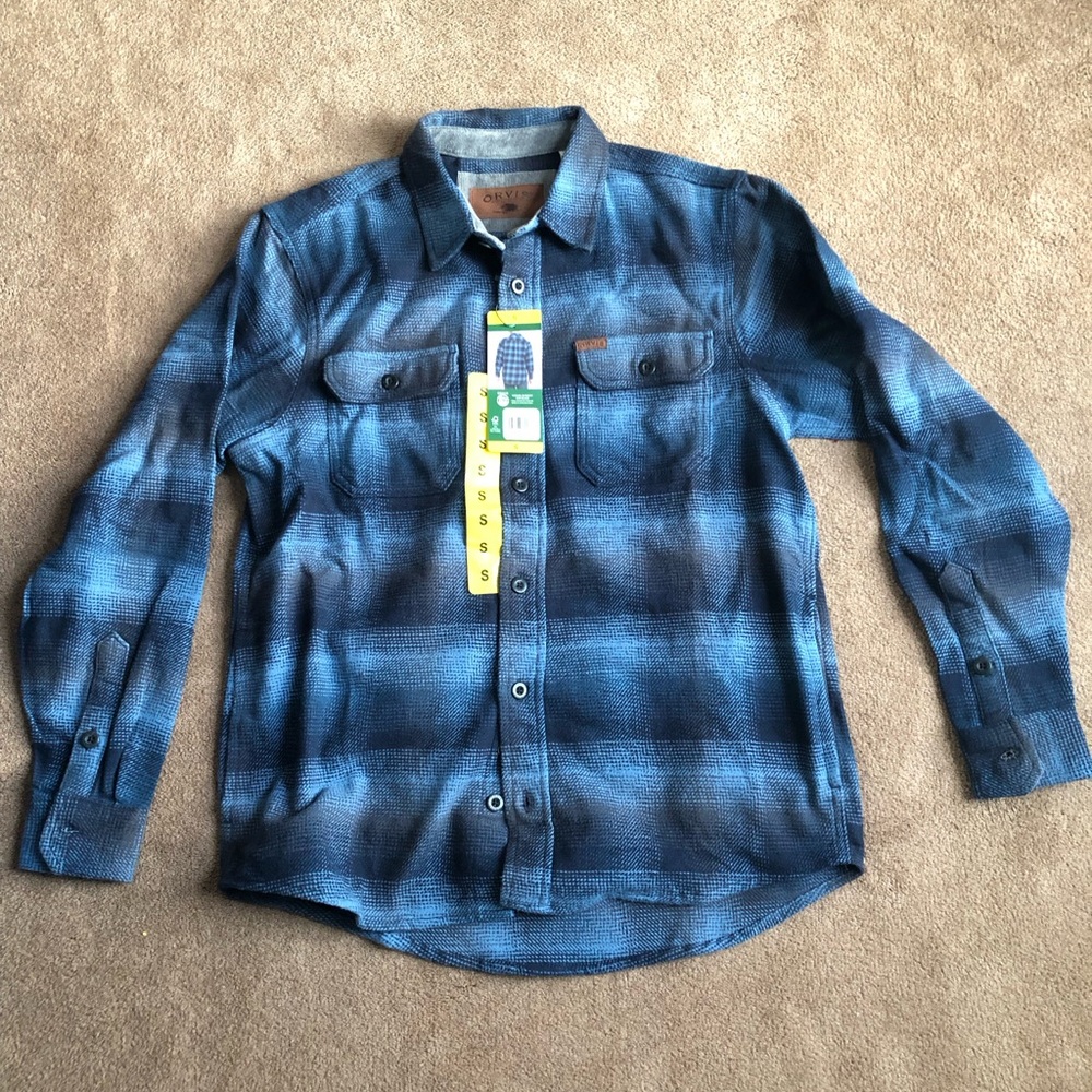 Men’s Orvis 100% cotton Blue Plaid Long-Sleeve Button-Down shirt w/ 4 pockets